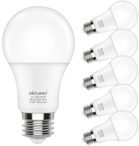 DiCUNO E27 Screw LED Bulb 60 Watts Equivalent, Warm White 2700K, Large Screw in Light Bulb 9W, 806 LM, Non-Dimmable, No Flickering Lightbulbs for Lamp, 6 Pcs