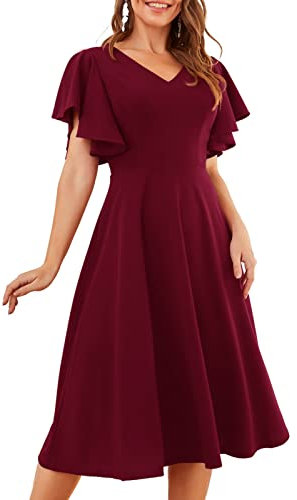 Bridesmay Women Fit and Flare Dress Tea Party Dresses Vintage Ruffle Sleeves Wedding Guest Dresses for Women Burgundy L