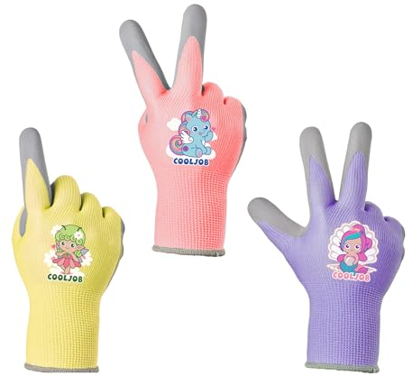 COOLJOB Kinderhandschuhe, 3 Paar Gartenhandschuhe für Kinder, rutschfeste Latexbeschichtung, Kinder-Arbeitshandschuhe 4-6 jahre (Mädchen Größe S)