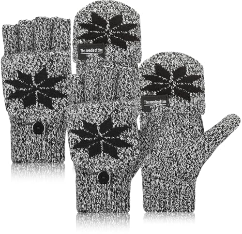 SATINIOR 2 Paar Wandelbare Damen Fingerlose Handschuhe Gestrickte Thermo Halbfinger Fäustlinge mit Schneeflocken (Schwarz)