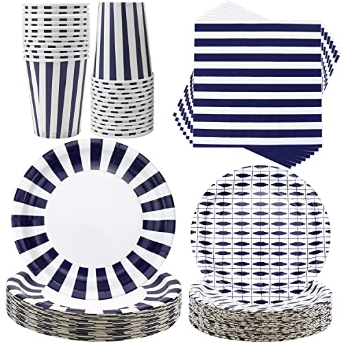 Blue Striped Party Tableware , Includes Plates Cups Napkins, for Baby Shower Wedding Birthday Decorations Serves 40 Guests (Navy Blue)