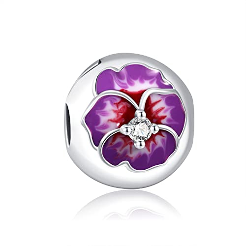 Blaue Stiefmütterchen Blume Charms-Anhänger 925 Sterling Silber für Europäische Charm Armbänder und Halskette,Blume Bead Charme Perlen Schmuck Geschenke für Freunde