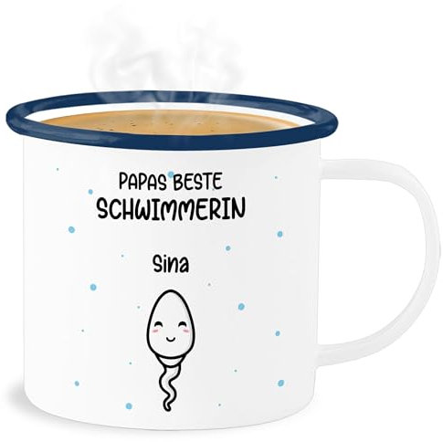 Emaille Becher Blechbecher - zum Vatertag - Papas bester Schwimmer - Geschenkideen Vater Geschenk Väter Lustig - 300 ml - Weiß Blau - personalisierte geschenke für papa vatertagsgeschenk beste