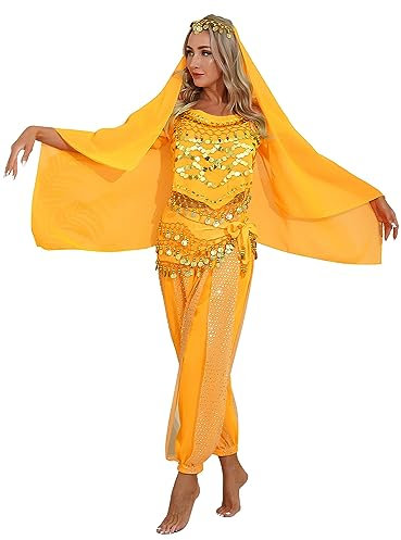 TiaoBug Damen Prinzessin Kostüm Set Pailletten Crop Top + lange weite Hose + Stirnband mit Strass Verkleidung für Karneval Fasching Cosplay Party Tanz Gelb Bauchtanz Set Einheitgröße