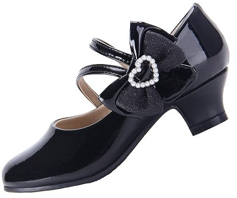 EIGHT KM Scarpe Mary Jane con Tacco Alto da Ragazza Principessa per Matrimonio e Festa EKM7035 in Pelle Lucida Cuore Perla Fiocco Nero Misura EU 27