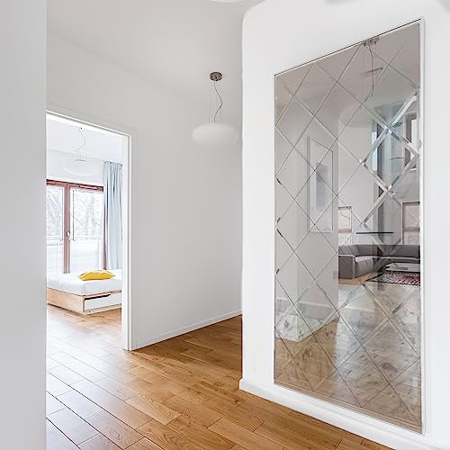 Badspiegeldesign - Dreieckige Selbstklebender Wandspiegel, Spiegelfliesen, Universal DIY-Spiegel, Ideal für Wohnzimmer oder Flur, für Wand, Tür, Garderobe klebt - 50 x 50 cm, 4 Stück