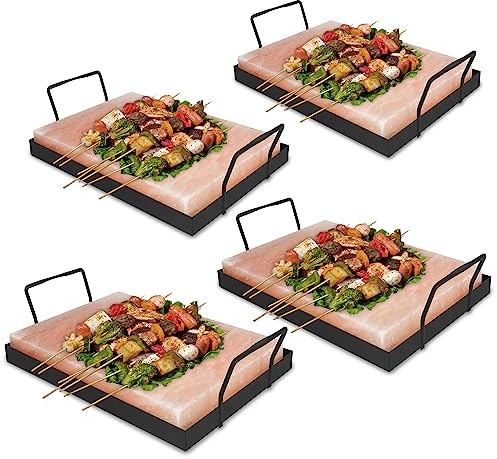 Jopassy 4er Pack XXL Salzstein zum Grillen, 20x30x3cm Salz Grillsteine Mit Eisenplatte, Wiederverwendbar Salzgrillstein, Original Kristallsalz, Salzplatte zum Grillen für BBQ