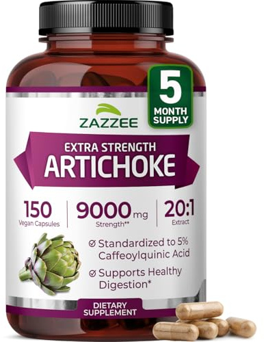 Zazzee Extra Strength Artichoke 20:1 Extract, 5% Caffeoylquinic Acid, 150 Vegan Capsules, 5 Month Supply, Cynara Scolymus, Digestive & Liver Detox Support, Herbal Supplement, Non-GMO, Made in the USA