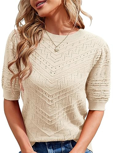 Runcati Pull en tricot à manches courtes pour femme - Décontracté - Col rond - Manches bouffantes - Élégant - Couleur unie