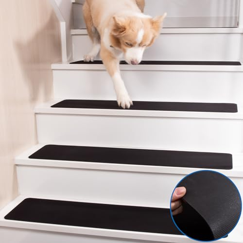 HOPEVIVA Gummimatte Treppenstufen Matten, Treppenteppich Selbstklebend Antirutschmatte Stufenmatten Innen Stufenteppich Schwarz Treppenmatten, 76 x 20 cm, 7 Stück(Enthält doppelseitiges Klebeband)