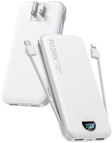 Portable Phone Charger, 10000mAh PD20W Fast Charging Power Bank with Built-in Cables & Wall Plug, External Battery Bank with LED Display, Travel Essential Battery Pack for iPhone, iPad, Samsung White