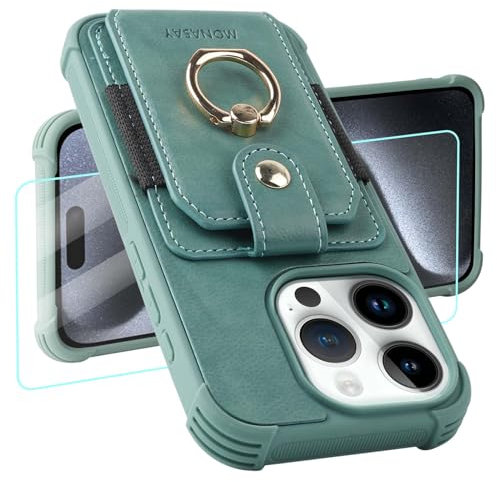 MONASAY Wallet Case Compatible for iPhone 15 Pro Max 5G 6.7 inch with Ring Stand,[Glass Screen Protector][RFID Blocking] Leather Wallet Phone Cover with Card Holder and Flip Snap Closure, Light green