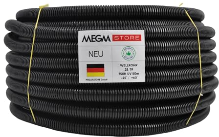 Megaa store Flexibles Leerrohr Wellrohr 750N Schwarz | Klassifizierung M16 M20 M25 M32 M40 M50 Kabelschutz Schutz Rohr ungeschlitzt Außenbereich (Ø 14 mm innen/Ø 20 mm außen / 25m)