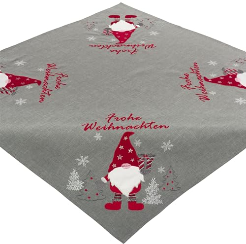 Espamira Tischdecke Wichtel 85x85 Frohe Weihnachten Weihnachtsdecke Weihnachtstischdecke Decke Grau Rot Eckig Stoff Bestickt