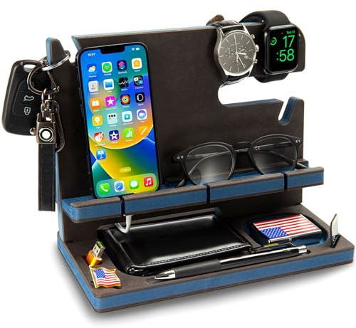 GRETAOTO Wooden Docking Station for Cell Phone, Tablet, Wallet, Gadgets, Watch, Keys, Accessories, Essentials, Desk Organizer,Storage Stand for Work Desk, Nightstand, Gifts for Men (Blue)