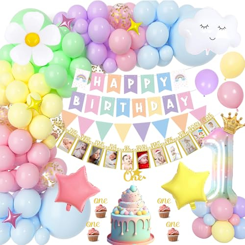 Palloncini Compleanno 1 Anno, Palloncini Pastello Bimba con Banner Foto 12 Mesi Neonato, Banner Happy Birthday, Decorazione Torta, Decorazioni Compleanno 1 Anno per Palloncini Baby Shower Decorazioni