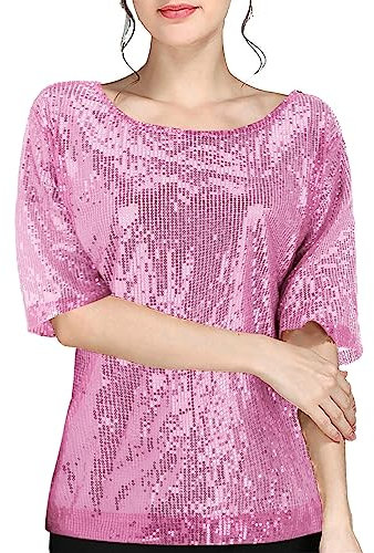 Damen Pailletten Tops Glitzer Shirt Kurzarm Oberteile Schön Glänzend Pailletten Tops Tshirt Elegant Festlich Damen bluse Mode Abend Party Wedding Glitzertop Bluse (Rosa, XXL)
