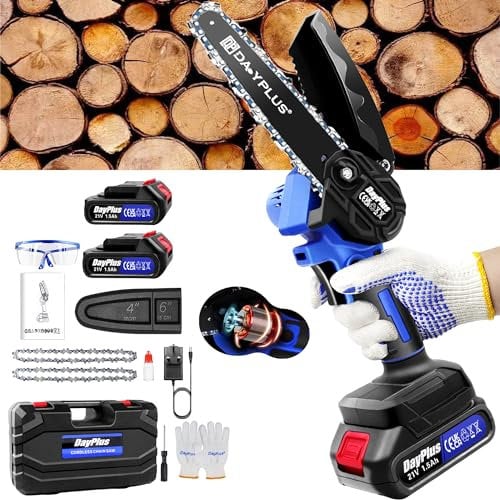 Pre-Assembled Cordless Chainsaw 6 inch - Premium Brushless Pure Copper Motor, with Two 1500mAh Battery, Charger, Two Sawchains, Chain Baffle, Electric Handheld Saw for Tree Trimming & Wood Cutting