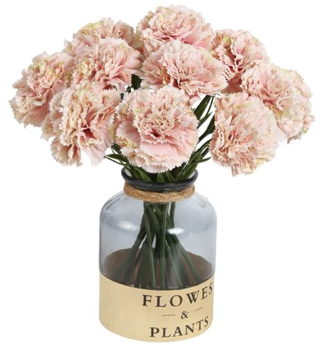 ICBOX Künstliche Nelken, Seidenblumen, 15 Stück, künstliche Nelken, rosa künstliche Blumen mit Stielen für Heimdekoration, Hochzeit, Brautstrauß, Jahrestag, Geburtstag, Blumenarrangements (Hellrosa