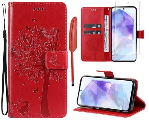 Oududianzi - Coque pour Samsung Galaxy A55 5G [1X Verre Trempé] Étuis Rabat Folio Protection Housse Cuir PU Portefeuille Silicone [Fermeture Magnétique][Emplacements Cartes][Stand Feature] - Rouge