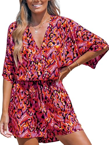 CUPSHE Damen Jumpsuit V-Ausschnitt Kurzarm Strampler Leopardenmuster Weites Bein Kurz Overall mit Gürtel Casual Lose Playsuit Rot/Ausflug S