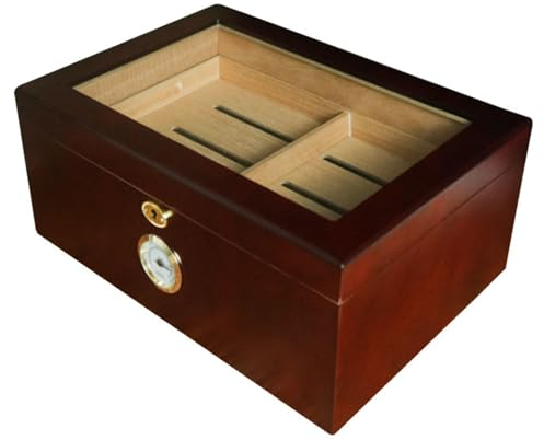 DECORN Zigarren-Humidor - Tischhumidor aus Zedernholz - Humidor-Zigarrenbox mit Glasdeckel, mit Schloss, Hygrometer, Luftbefeuchter, Tablett, für 70–100 Zigarren, Geschenk für Zigarrenliebhaber