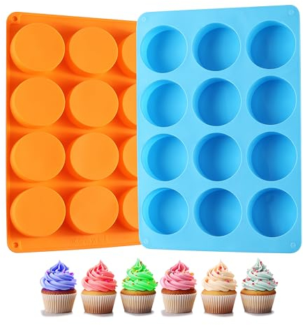 2PCS Silicone Oreo Molds, LCCOWOT 12 Cavity Cookie Chocolate Round Silicone Mold, Baking Mold for Chocolate, Oreo, Cookie, Cany, Mini Cake, Dishwasher Safe (Orange+Blue)