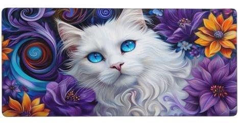 Gaming Mouse Pad White Desk Mat Cat Mouse Mat XXL 800x300x3mm Large Mouse Mat Water Resist Surface Anti-Slip Rubber Base, Improved Precision and Speed Mouse Pads with Stitched Edges t-3549