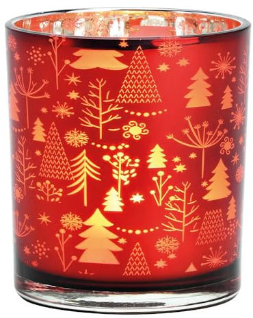 Windlicht Tannenbaum Glas | Teelichtglas Weihnachten Winter | Hirsch Teelichthalter (Bäumchen rot)