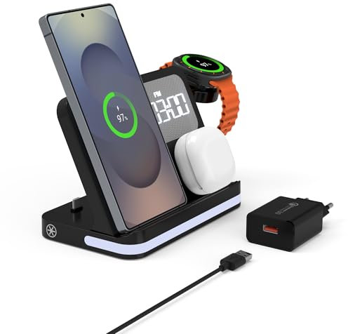 Réveil 4-en-1 avec Station de Charge sans Fil Compatible avec Samsung Galaxy S25 / Z Flip 6, Galaxy Watch7 / Watch Ultra, Buds3 Pro / Buds3 Pro, Charge Rapide et Port USB-C intégré,avec lumière LED