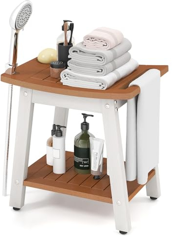 HOMFME HIPS Shower Bench, 2-Tier Spa Curved Shower Seat with Storage Shelf, Shower Head and Soap Holder, Bathtub Chair Bathroom Stool for Elderly Disabled Adults (Brown + White, 41x32x44cm)