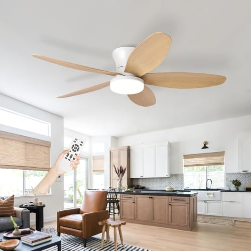 Ceiling Fans with Lights and Remote, Fan Lights Led Ceiling for Bedroom, Indoor 5 Blades Silent Large Fan Lamp, Dimmable 6-spd Reversible DC Motor with Timer for Living Room-White+WoodGrain||42in