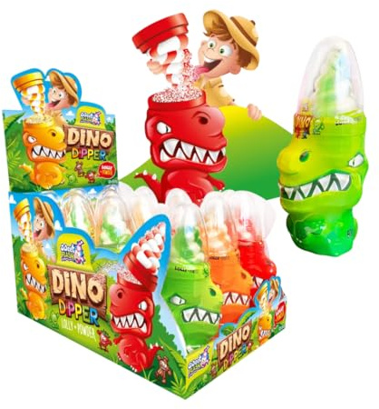 Dino Dipper Licker Display (12 Stück) | Lutscher mit saurem Pulver & Dinosaurier-Design | Fruchtige Geschmacksrichtungen | Perfekt für Kindergeburtstage, Mitgebsel & Partys | 50g pro Becher