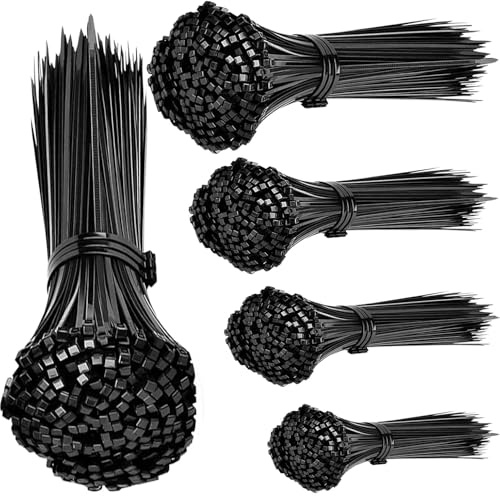 1000 Stück Kabelbinder Schwarz Set 100/150/200/250/300mm, UV-beständig, selbstsichernd für drinnen und draußen - Ideal für Kabelmanagement, Gartenarbeit, Haushalt, Werkstatt, der Garage