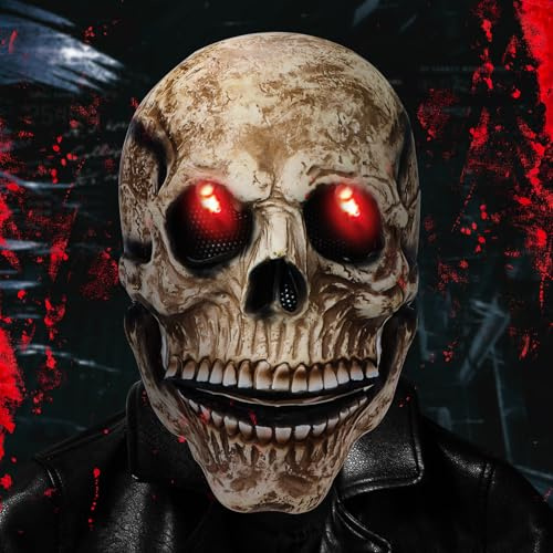 Halloween Totenkopf Maske Leuchtende LED in Augen Latex Vollkopf Gruselige Realistische Masken Skelett Maske mit beweglichem Kiefer für Halloween Party Karneval Cosplay Requisiten