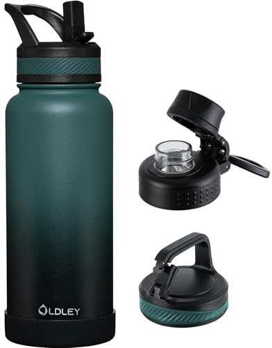 OLDLEY 1L Insulated Stainless Steel Water Bottle with Straw, Leakproof 1000ml Metal Water Bottles with 3 Lids & Handle, Double-Walled Vacuum Flask Keep Hot and Cold for Sports, Travel (Green Black)