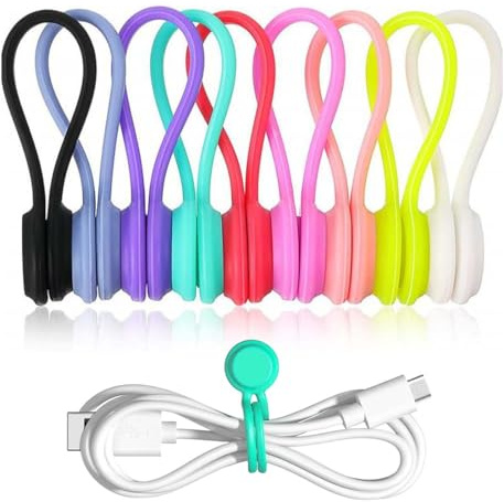 Androxeda 10 Fascette Magnetiche Riutilizzabili in Silicone,Organizzatore Cavi con Magnete Forte,Multicolore per Gestione Cavi Scrivania,Ufficio,Casa e Viaggio