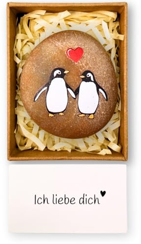 HOLM CRAFT Ich Liebe Dich Geschenk – Romantisches Jahrestag Geschenk für Freundin & Freund – Pinguin Paar Kieselstein mit Spruch & Karte – Geschenk zur Verlobung