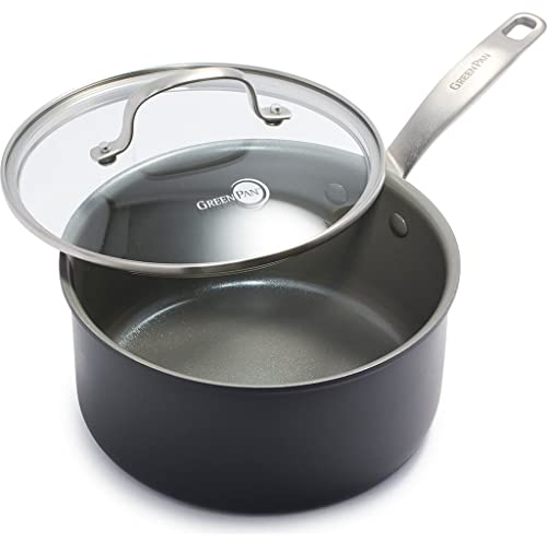 Greenpan Chatham Hard Anodized Healthy Ceramic Nonstick, 3QT Saucepan Pot with Lid, PFAS-Free, Dishwasher Safe, Oven Safe, Gray