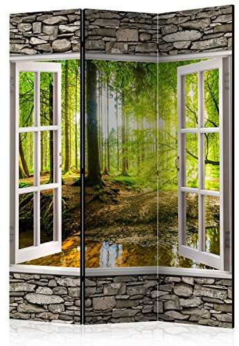 RAUMTEILER/PARAVENT B&D XXL - Paravent Raumteiler Innen Fensterblick Fenster Landschaft 135x172 cm 3-teilig Einseitig Raumtrenner Raum Trennwand Holz Room Divider Spanische Wand Raum grün beige
