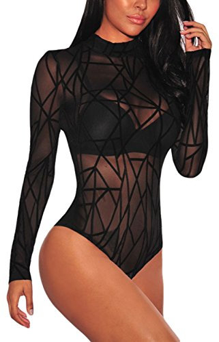 SEBOWEL Women Sexy Sheer Mesh Bodysuit Long Sleeve Turtle Neck See Through Leotard Tops Club Party Bodycon Blouse T Shirt (XXL, Black)