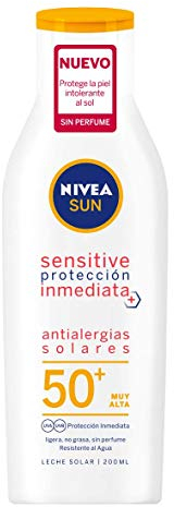 NIVEA SUN Sensitive Protección Inmediata Antialergias Solares Leche Solar FP 50+ (1 x 200 ml), protector solar no graso para piel sensible, crema solar 50 resistente al agua