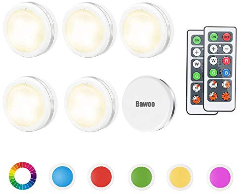 Bawoo Luz LED Inalámbrica Nocturna, 6PCS, 5 Perlas, Lámpara Blanca Cálida Adhesiva a Batería con 2 Control Remoto, para Vitrina, Armario, Pasillo, Armario, Cocina (Blanco RGB)
