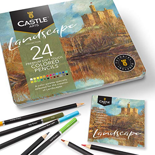 Metallbox mit 24 Buntstiften mit Castle Arts Thema, ideal für die Kunst Landschaft. Hochwertige Bleistifte mit weichen Farbtönen für ein wunderschönes Ergebnis