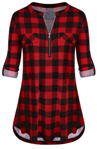 Odosalii Women's Plaid Tunic Blouse with Zip Up V Neck and Floral Print, Long/Short Sleeve Polo Top
