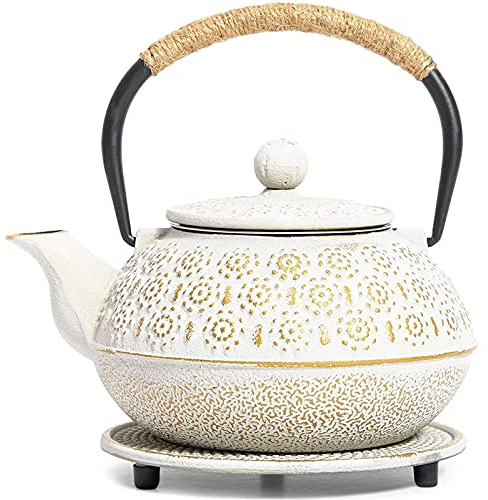 White Cast Iron Japanese Teapot with Handle, Infuser, and Trivet, 800 ml