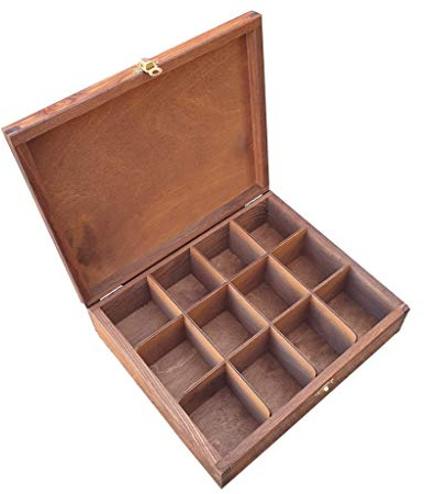 Wooden Tea Bag Box with Twelve Compartments, in Brown Color