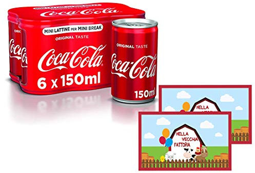 ipt Cocacola in lattina 150ml 12 pz + Etichette adesive per Festa a Tema Fai da Te (Fattoria - Fun Farm)