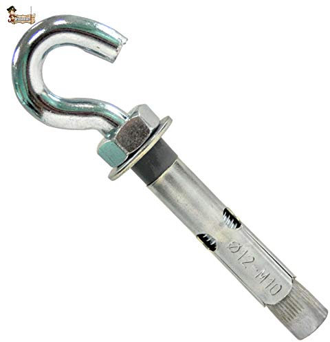 BricoLoco Cheville d'ancrage métallique acier zingué à expansion avec crochet anneau ouvert, Cheville Brique. Pour mur, plafond, sol, trx, auvent. (10, 8 x 60)