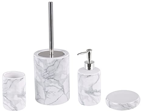 4 Accessoires de Salle de Bain Gobelet Porte-Brosse Distributeur Savon Porte-Savon et Brosse Toilettes en Céramique Marbre Blanc Glamour Beliani